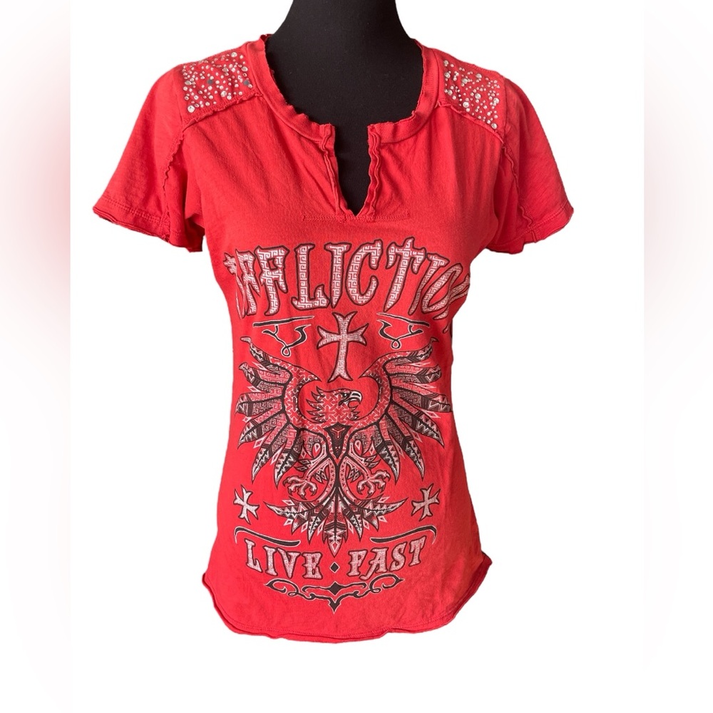 Affliction Red & Black Split Neck Raw Edge Graphic Tee W/Bling, Medium/Large